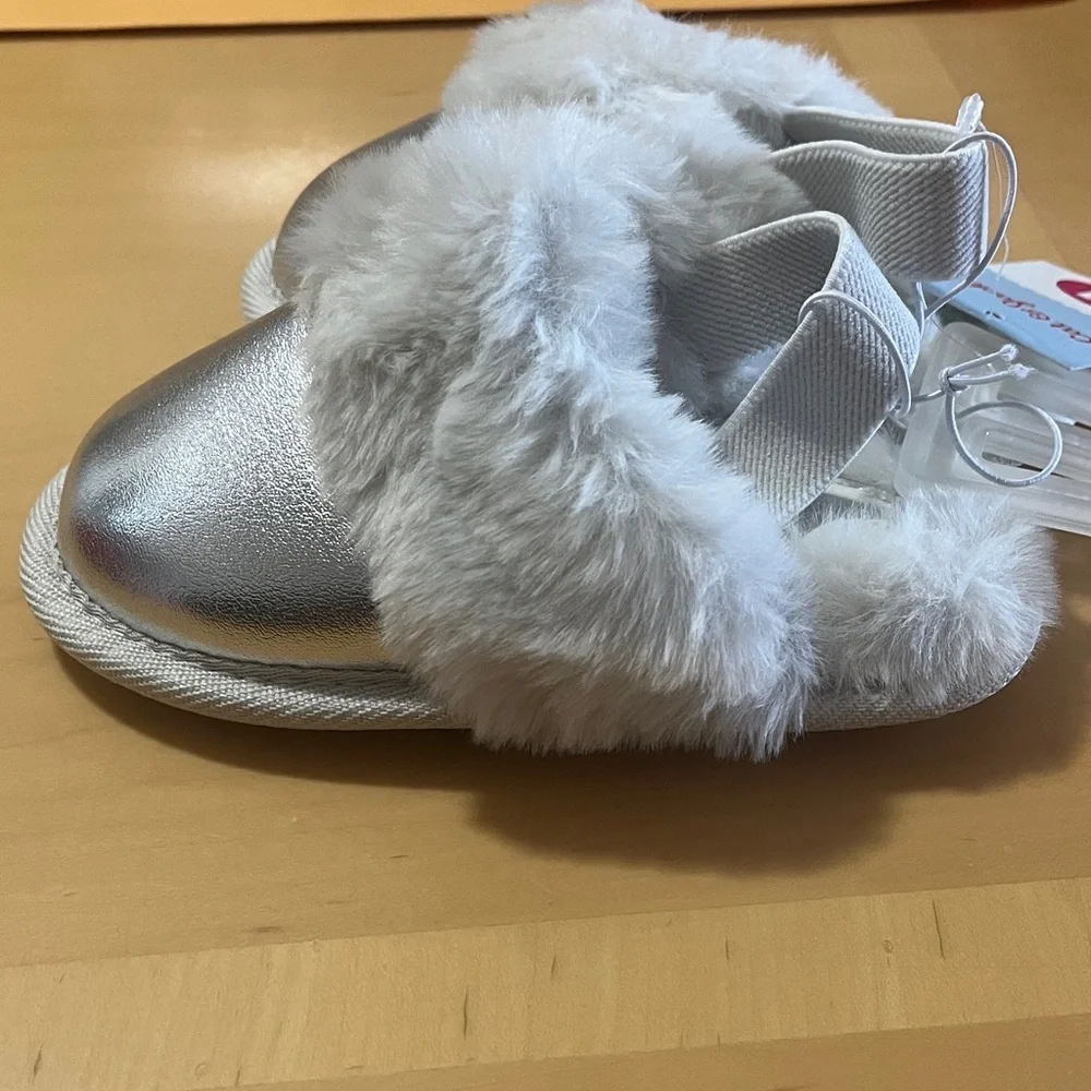 Cat & Jack Silver and White Faux Fur Kids Slippers
